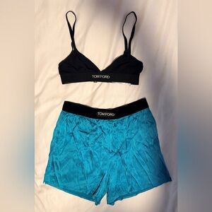 Tom Ford Teal Silk Shorts and Black Bralette Set